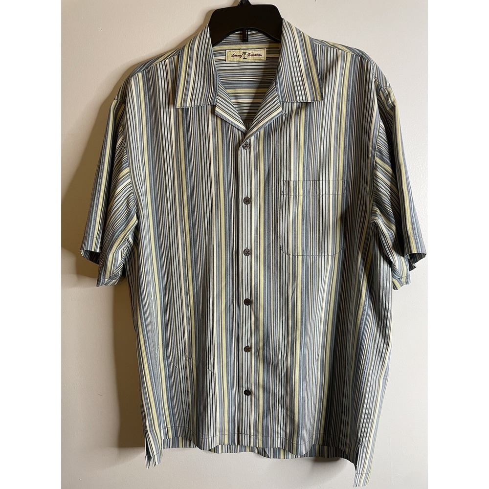 Tommy Bahama Silk Shirt Mens Small Short Sleeve Button Up Striped Blue Yellow